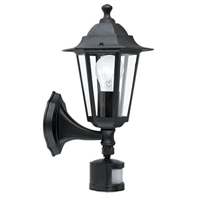 Obrázek EGLO venkovní nástěnná lampa Laterna 4, 1 plamenné svítidlo vč. detektoru pohybu, nástěnné se senzorem z hliníkové litiny a skla, barva: černá, objímka: E27, IP44