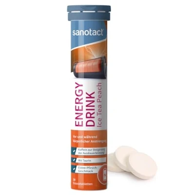 Obrázek sanotact šumivé tablety Energy Drink, ledový čaj, broskev (20 kusů) taurin + kofein vitamíny B bez cukru a kalorií pro energii, vytrvalost zaměření veganské laktózy