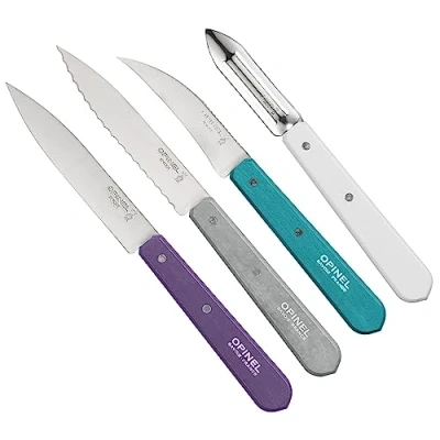 Obrázek Opinel Kuchyňský nůž, Essentials, 4dílný, nerezové, barevné rukojeti z bukového dřeva, sada nožů, ušlechtilá ocel, fialová/stříbrná/tyrkysová/bílá, 19,5 x 2 1 cm, 4 jednotky