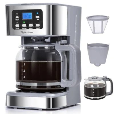 Obrázek Taylor Swoden 950W kávovar s časovačem, 1,5 l na překapávanou kávu, 12 šálků, automatické vypnutí, zastavení odkapávání, opakovaně použitelný filtr a topná deska, bez BPA, šedá pewter