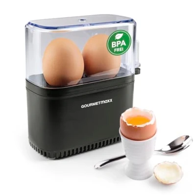 Obrázek GOURMETmaxx Designový vařič vajec pro 2 vejce kompaktní kotlík na s propichovačem vajec, odměrkou a signálním tónem 3 stupně tvrdosti snadné čištění díly vhodné do myčky