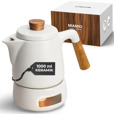 Obrázek MIAMIO čajová konvice s ohřívačem sada / 1 l 1000 ml na čaj se sítkem a víkem pro sypaný dárek dámy milovníky čaje (bílá)