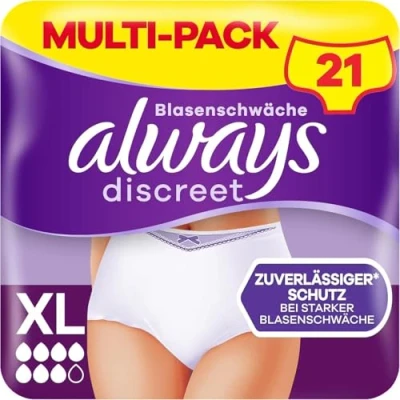 Obrázek Always Discreet Inkontinence XL 21 kalhotek Plus pro ženy (3 x 7 kusů), zabraňuje vytékání a zápachu, příjemné téměř neviditelné