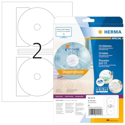 Obrázek HERMA 5115 CD DVD etikety vč. centrovací pomůcky neprůhledné, 25 listů, Ø 116 mm MAXI, 2 na arch A4, 50 kusů, samolepicí, potisknutelné, matné, prázdné papírové lepicí samolepky, bílá