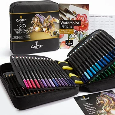 Obrázek Castle Art Supplies Sada 120 akvarelových pastelek s doplňky zářivé pigmenty kreslení a malování současně pro zkušené hobby umělce, profesionální umělce I cestovní pouzdro