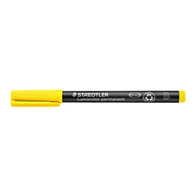 Obrázek STAEDTLER permanentní popisovač Lumocolor, žlutý, klínový hrot cca 1,0 2,5 mm, odolný proti rozmazání a vodě, Made in Germany, dlouhá životnost, 10 žlutých univerzálních tužek v kartonovém pouzdře,