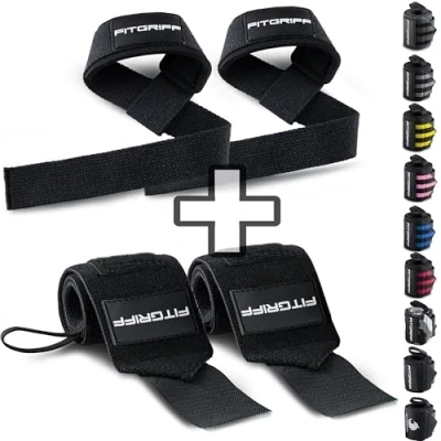 Obrázek Zápěstní bandáže + stahovací pomůcky (2 páry/4 kusy) od Fitgriff Premium fitness sada pro kulturistiku, bodybuilding a trénink vzpírání ženy muže, černá