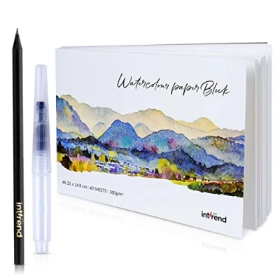 Obrázek int!rend akvarelový papír A5 300 g/m² 40 stran Blok malířský se štětcem na vodu a tužkou k malování Watercolor Paper Aquarell