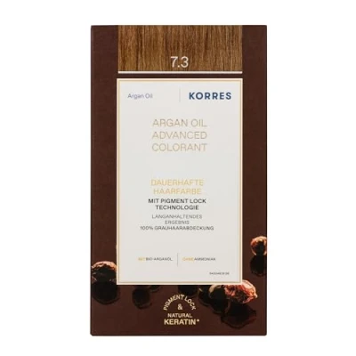 Obrázek KORRES Argan Oil Colorant barva na vlasy bez amoniaku medová blond zlatá 7. 3 100% zakrytí šedých vlasů a veganská pro dlouhotrvající barevný výsledek
