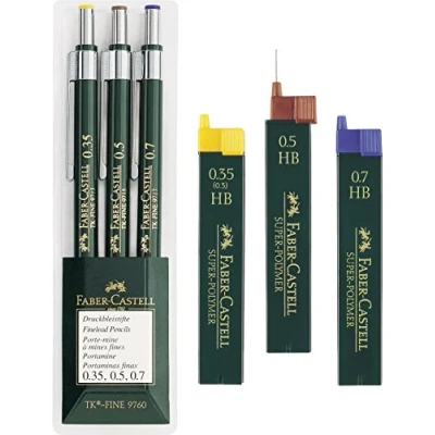 Obrázek Faber Castell 136030 3dílná sada tužek TK FINE 9760, tloušťka tuhy: 0,35 mm; 0,5 mm + 0,7 mm, barva násady: zelená Eco Bundle s náhradními náplněmi HB