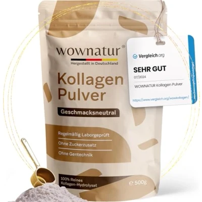 Obrázek WOWNATUR® kolagenový prášek 500 g perfektní rozpustnost prémiový halal hydrolyzovaný hydrolyzát peptidy typu 1, 2 a 3 originál (50 porcí)