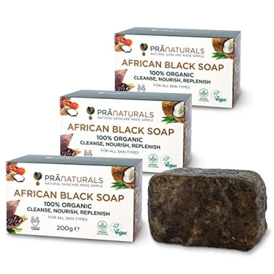 Obrázek PraNaturals Organické africké černé mýdlo 3 x 200 g, veganská kosmetika, pro všechny typy pleti, ruční výroba v tropické ghaně