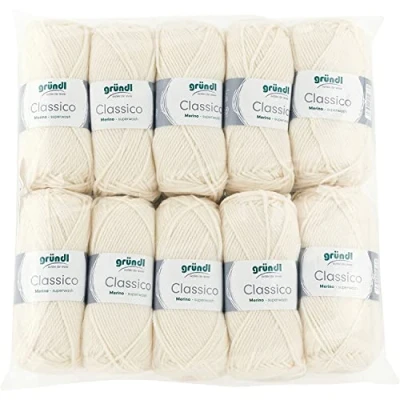 Obrázek Gründl Classico vlna (OEKO TEX® certifikovaná pletací příze z 50 % střižní vlny (Merino ) &amp; polyakryl, g/120 m, tloušťka jehlic: 3,5 4,5, 10 klubko á g), krémová