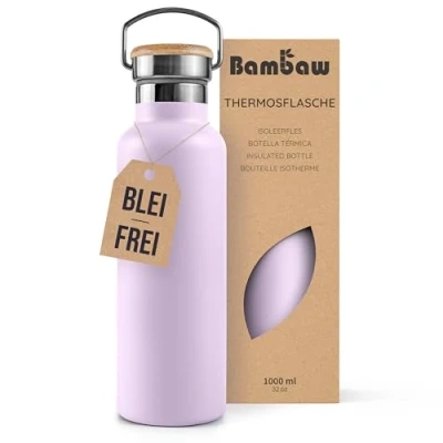 Obrázek Bambaw Thermosflasche 1l, Trinkflasche Lila, Edelstahl Doppelwandige Flasche, Thermos 1l Fliederlila