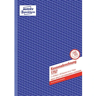Obrázek AVERY Zweckform 1757 vyúčtování pokladny (A4, 2 x 40 listů, samopropisující, sloupec DPH pro příjmy a výdaje, testováno právními experty, DE/AT, řádné účetnictví) bílá/žlutá