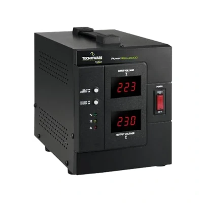 Obrázek Tecnoware Power Systems PowerReg 2000VA , Schutz vor Spannungsschwankungen Einphasen Spannungsregler für TV, HiFi, Drucker, Kleine Geräte SCHUKO/ITALIA Ausgänge Schwarz