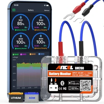 Obrázek ANCEL BM200 12V tester autobaterií, Bluetooth 4. 2 Diagnostika pro diagnostiku baterií do auta lithiové a olověné kyseliny, baterie s testem bruslení nabíjení, alarm, historie nahrávání napětím
