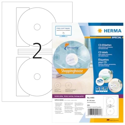 Obrázek HERMA 4460 CD DVD etikety vč. centrovací pomůcky neprůhledné, 100 listů, Ø 116 mm MAXI, 2 v archu A4, 200 kusů, samolepicí, lze potisknout, matné, prázdné papírové lepicí nálepky, bílé