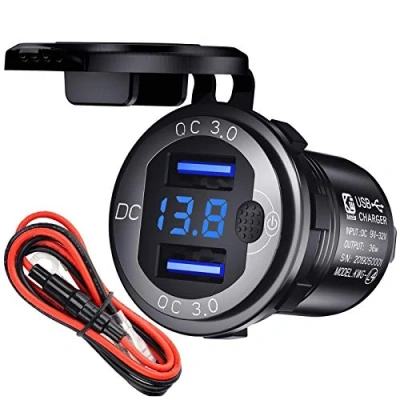 Obrázek 12 V USB zásuvka do auta nabíječka s vypínačem, 24 V, Quick Charge 3.0, kov, vodotěsný, zapalovač cigaret adaptér, vestavěná pro motocykl, karavan, člun, nákladní vozidla