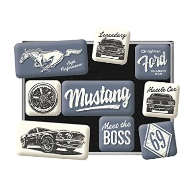 Obrázek Nostalgic Art Retro magnety na lednici, 9 kusů, Ford Mustang The Boss nápad dárek pro fanoušky příslušenství , magnetická sada magnetické tabule, vintage design