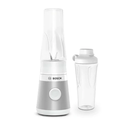 Obrázek Bosch mini stojanový mixér VitaPower série 2 MMB2111T, vysokorychlostní mixér, láhev Tritan ToGo 0,6 l, víčko na pití, nůž se 4 čepelemi, nerozbitný, díly vhodné do myčky, 450 W, stříbrný