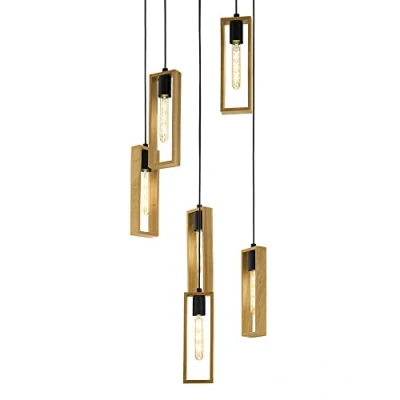 Obrázek EGLO závěsná lampa Littleton, 6 plamenných vintage závěsné svítidlo v industriálním designu, retro z oceli a dřeva, barva: černá, hnědá, objímka: E27