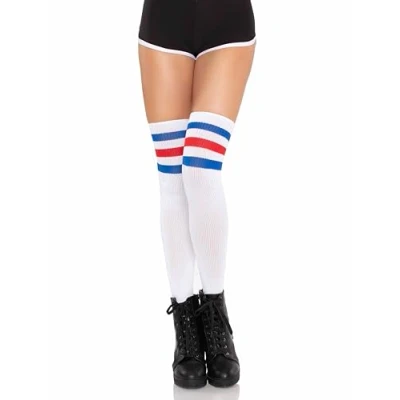 Obrázek Leg Avenue Athletic žebrovaná stehna výška se 3 proužky top, bílá, jednotná velikost