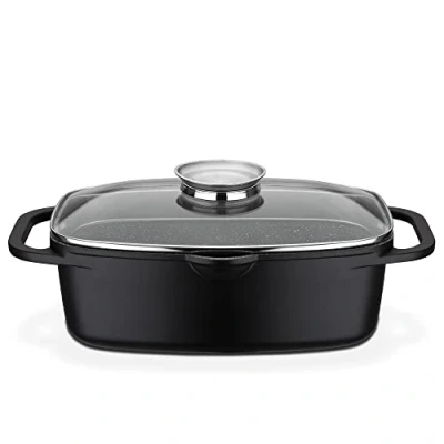 Obrázek GSW Univerzální pekáč Gourmet Granit kvalitní s víkem, ideální pro dušení, grilování a pečení, také indukci troubu černý, hliníkový odlitek, 6 litrů