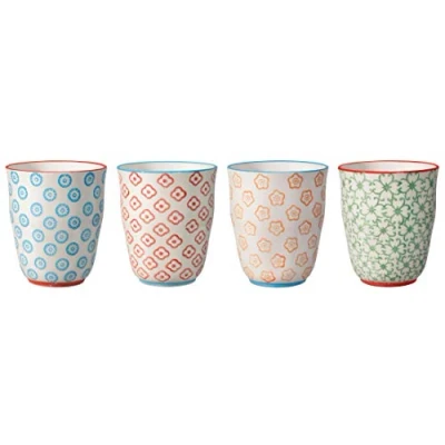 Obrázek Bloomingville Hrnek bez ucha Emma Retro šálek na čaj kávu Vintage Latte Macchiato Sada hrnků Ø 8,5 x V 10 cm, modrá červená oranžová zelená, keramika, 4dílná sada, pojme cca 300 ml