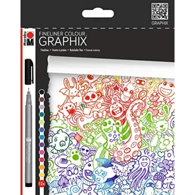 Obrázek Marabu 0146000000100 Fineliner Graphix, sada Doodle Supreme, 12 zářivých barev, tloušťka linky cca 0,5 mm, pigmentová tuba na vodní bázi, kovová plastová špička