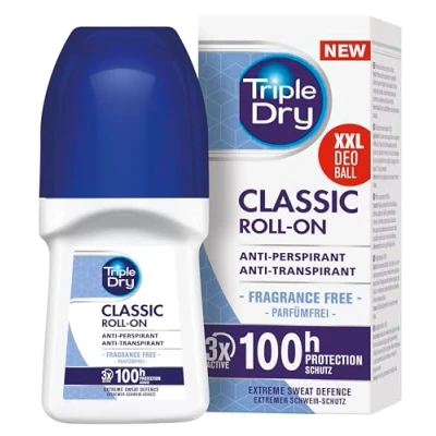 Obrázek Triple Dry antiperspirant Roll On, 50 ml, deodorant proti silnému pocení, antibakteriální pro ochranu 72 h, bez parfému (balení se může lišit)