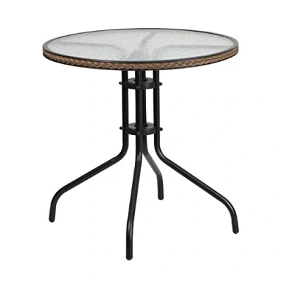 Obrázek Flash Furniture Barker kulatý stůl z tvrzeného skla s tmavě hnědým ratanovým lemem, 71,1 cm