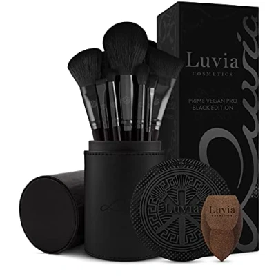 Obrázek Sada štětců na make up Luvia, Prime Vegan Pro černá, 12 líčení vč. uložení štětce, houbička Blender &amp; čisticí podložka kosmetické v černé a růžové zlatě