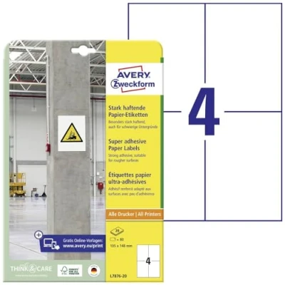 Obrázek AVERY Zweckform L7876 20 silně přilnavé etikety (80 nálepek, 105 x 148 mm na A4, extrémně samolepicí, také pro obtížné povrchy, potištěné Power lepicí etikety) listů, bílé