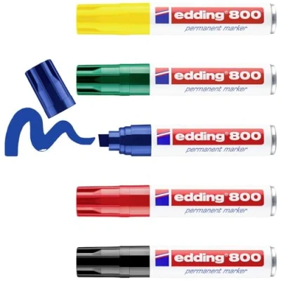 Obrázek edding 800 permanentních popisovačů vícebarevné 5 tužek hrot klínu 412 mm pro široké značení voděodolné, rychleschnoucí, odolné proti rozmazání na karton, plast, dřevo, kov, sklo