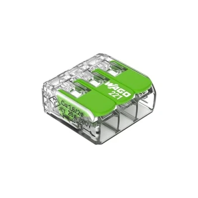 Obrázek WAGO svorka Green Range 3vodič I až 4mm² spojovací 3 vodiče s páčkami pro všechny druhy vodičů 221 423 50 kusů
