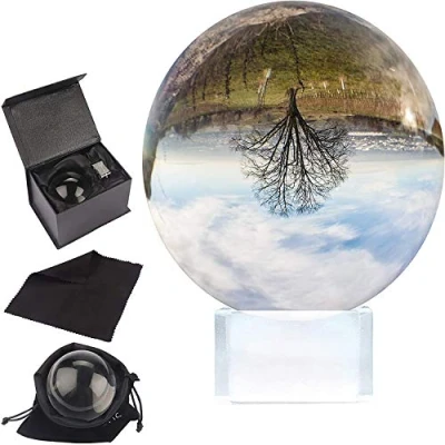 Obrázek BELLE VOUS skleněná koule pro fotografie 100 mm 10 cm Fotokoule s křišťálovým stojanem Sametová taška Utěrka z mikrovlákna čirá křišťálová Lensball a dekorace