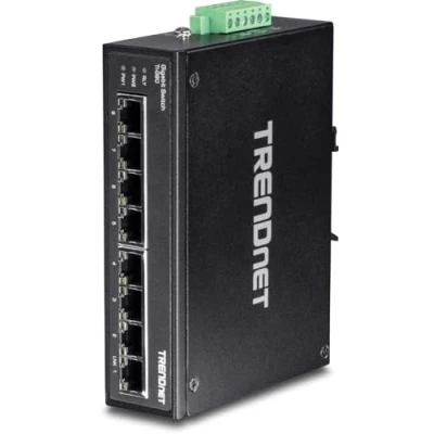 Obrázek TRENDnet TI G80 8 Port tvrzený průmyslový gigabitový DIN lištový spínač, kapacita přepínače 16 Gbit/s, kovové pouzdro IP30, včetně držáků a na stěnu