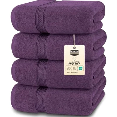 Obrázek Utopia Towels Sada 4 ks osušek Premium 100% prstencově předená bavlna 69 x 137 cm ručníky, velmi savé, měkký pocit osušky (švestka)