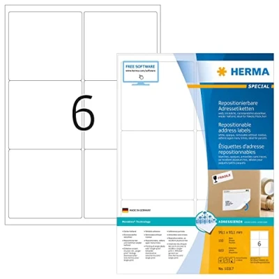 Obrázek HERMA 10317 univerzální etikety, neprůhledné, 100 listů, 99,1 x 93,1 mm, 6 pro arch A4, 600 kusů, samolepicí, k potisku, matné, prázdné papírové lepicí etikety nálepky, bílé