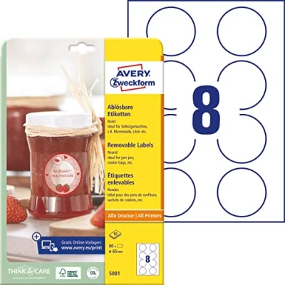 Obrázek AVERY Zweckform Etikety na marmeládu č. 5081 (80 samolepek odstranitelných, Ø 65 mm A4, kulaté, pro zavařovací sklenice, sklenice koření, pečivo, dárky a vlastnoručně vyrobené z kuchyně) 10 listů bílé