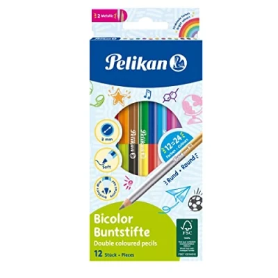 Obrázek Pelikan 700146 12 bicolor pastelek, 24 barev, kulaté, každá pastelka se 2 různě barevnými konci, barevně lakovaná v barvě tuhy