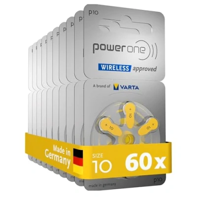 Obrázek Varta Power one baterie do naslouchátka typ 10 žluté, 60 kusů zásobní balení, bezdrátové připojení, velikost p10 pro naslouchadla a sluchadla, vysoká úroveň zahřívání, bez rtuti, Made in