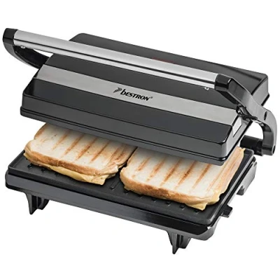 Obrázek Bestron elektrický kontaktní gril se záchytnou miskou, sendvičovač s rukojetí Cool Touch, paninimaker nepřilnavým povrchem, 700 W, APM123Z, barva: černá, 22,5 x 14 cm