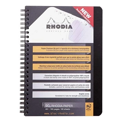 Obrázek Rhodia 119970C adresář (s dvojitou spirálovou vazbou, DIN A5, 14,8 x 21 cm, rejstřík potištěný, 90 g, 80 listů) 1 kus černý