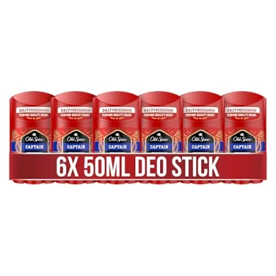Obrázek Old Spice Kapitán Deo Stick pro muže, 6 x 50 ml, 48H svěží, dlouhotrvající vůně v kvalitě parfému, 0% soli hliníku, žádné skvrny na černé a bílé, vyrobeno z % recyklovaného plastu