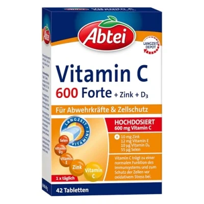 Obrázek Abtei Vitamin C 600 Forte doplněk stravy ve vysokých dávkách na podporu obranyschopnosti a ochrany buněk se zinkem vitaminem D3 1 x 42 tablet
