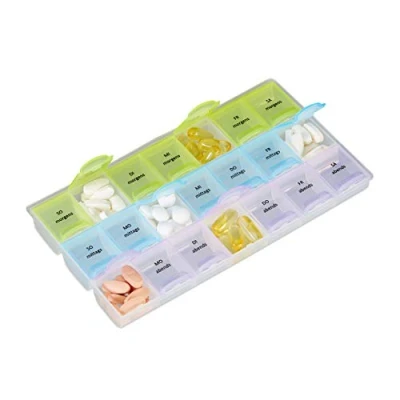 Obrázek Relaxdays Box na tablety 7 dní, 3 přihrádky, ráno, v poledne, večer, týdny dávkovač léků s víkem, transparentní, 1 kus