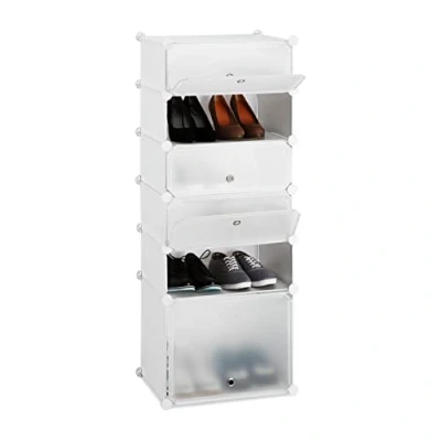 Obrázek Relaxdays Botník plast, regálový systém 6 přihrádek, zásuvný regál s dvířky, 12 párů, DIY, V Š 52 x 37 9 cm, bílý