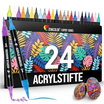 Obrázek Zenacolor 24 akrylových tužek na kameny voděodolné s dvojitou špičkou (jemná špička a štětec) akrylové tužky různé povrchy Multimarker Acryl